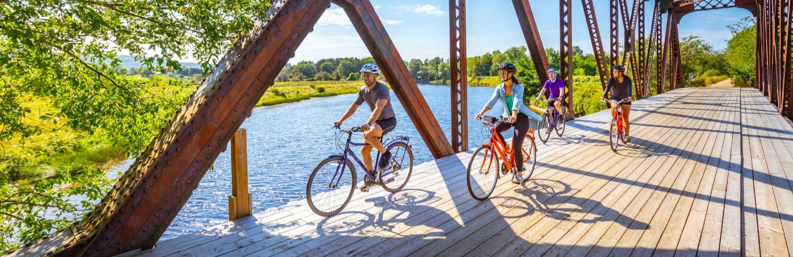 People biking across a bridge