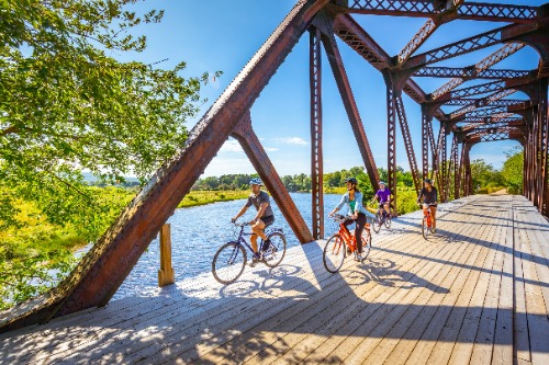 Biking across a bridge